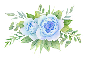 Watercolor green flowers bouquet with blue gentle peonies. Floral posy