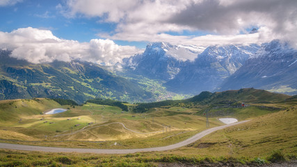 Panoramic view of Grindelwald from Mannlichen with Eiger, Monch and Jungfrau mountain (Swiss Alps) in the background, Berner Oberland, Grindelwald, Switzerland.