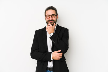 Young caucasian business man isolated on a white background smiling happy and confident, touching chin with hand.