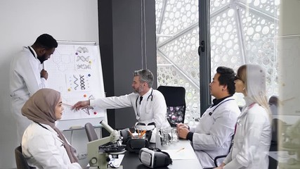 High-skilled mixed race medical people which discussing with one another the actual medicine problems - Powered by Adobe