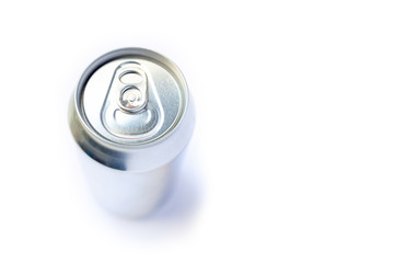 Close up of silver aluminum can isolated on white background, selective focus and unpainted. Concept of drinks, industry, soda, beer, model, manufactures, recycling and object.