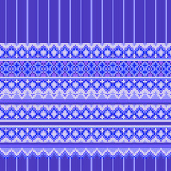 Vector Pixel art seamless border texture ethnic pattern background with vertical thin stripe, winter blue purple color, for design of linen fabric, kitchen textile, wrapping paper.