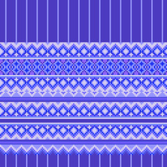 Vector Pixel art seamless border texture ethnic pattern background with vertical thin stripe, winter blue purple color, for design of linen fabric, kitchen textile, wrapping paper.