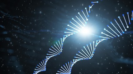 3d animation of rotating dna molecules on dark blue background. Genetic concept.
