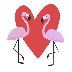 Two cute flamingos in love. Flamingo couple and heart. Vector illustration in flat style.