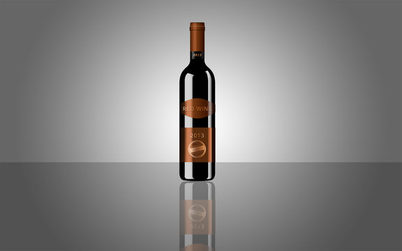 Realistic wine bottle on the floor with reflection. Solitude, solitaire. Isolated on infinity, gradient grey floor and wall.