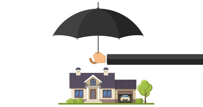 Agent Holding umbrella in hand and protects real estate and car. insurance safe concept. flat style icons. Isolated 4k video