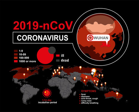 China pathogen respiratory coronavirus 2019-nCoV outbreak. 2019-nCoV. Flat world vector map with infographics. Infected countries. 2019-nCoV infographics.  Dangerous chinese ncov corona virus.