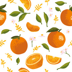 Vector summer pattern with oranges, flowers and leaves. Seamless texture design.