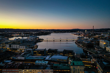Drone photo of a sunset over a lake in Sweden.
