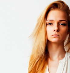 Naklejka premium young blond woman on white backgroung gesture thumbs up, isolated emotional posing close up, lifestyle people concept