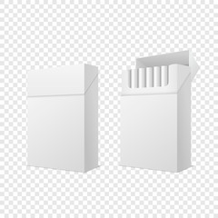 Vector Realistic Closed and Opened Clear Blank Empty and with Cigarettes Pack Box Set Isolated on Transparent Background. Design Template. Smoke Problem Concept, Tobacco, Cigarette Mockup. Side View