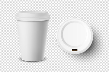 Vector 3d Realistic Disposable Closed and Opened Paper, Plastic Coffee Cup for Drinks Icon Set Closeup Isolated on Transparent Background. Design Template, Mockup. Top and Front View
