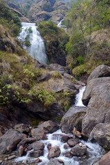 Annapurna Circuit Treck. Waterfall in outskirts of Jagat village. Nepal, Himalayas, Asia.