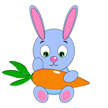 A wonderful simple light blue rabbit with carrots isolated on white background