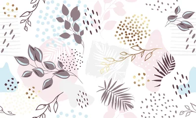 Tapeten Nahtloses exotisches Muster mit tropischen Pflanzen und rosafarbenen Goldelementen. Vektor © Tolchik