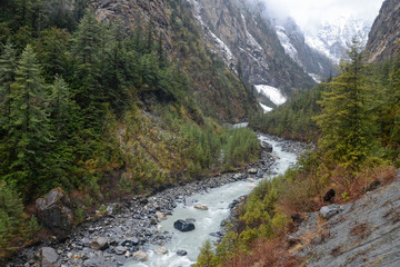 Annapurna Circuit track. View at Marsyangdi river gorge. Outskirts of Chame village.