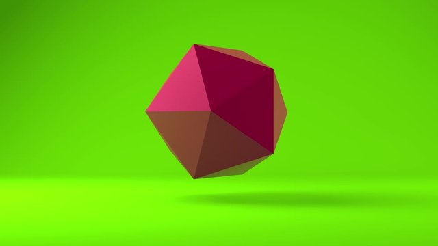 3D animation of a geometric Platonic body, a polyhedron that splits into pieces and gathers, changing color. Abstract 4K animation.