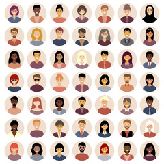 Set of round flat icons with people. Different nationalities.