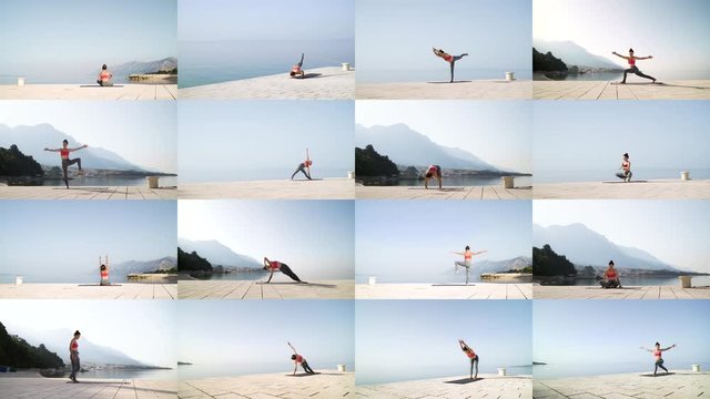 Set 4x4 athletic girl practicing yoga by seaside