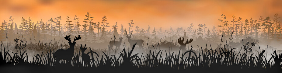 The family of deers stands on the grass field in front of the foggy morning forest. Vector image for banner, sticker, label, tag.  Sunset or sunrise orange  landscape silhouette cartoon illustration.