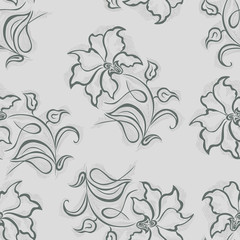 Seamless pattern flowers of a fabric or surface , with decorative floral elements, design motifs for in several art textiles, wallpaper, materials, paper on grey background 