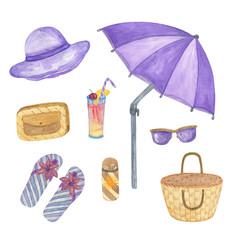 Set of isolated watercolor elements for vacation and beach holidays, parasol, hat, sun protective cream, purse, summer bag, sun glasses