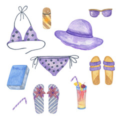 Set of isolated watercolor elements for vacation and beach holidays, swimming suit, hat, sun protective cream, book, cocktail, sun glasses