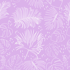 Seamless pattern with contour lines monochrome tropical jungle palm tree leaves.