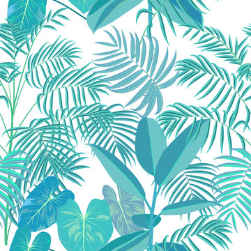 Vector tropical jungle seamless pattern with palm trees leaves and flowers © Artlu