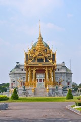 Pavilion of the Memorial Crowns of the Auspice, just east of the Ananta Samakhom Throne Hall, in Bangkok, Thailand. Side view.