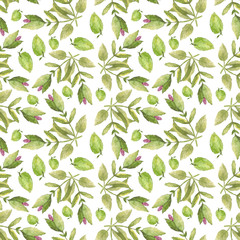 Seamless pattern handmade watercolor drawing of a purple flowers and leaves. Use for menus, invitations, menus, weddings