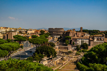 Fototapeta na wymiar View from the monument of the Altare della Patria in Rome towards the Colosseum, Lazio - Italy
