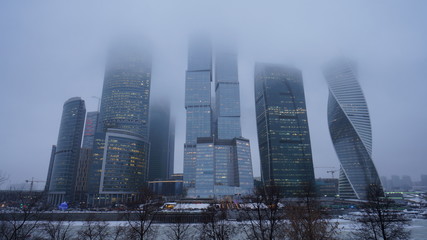 Moscow City in the winter fog. It is the Moscow International Business Center and a commercial district in Russia. 