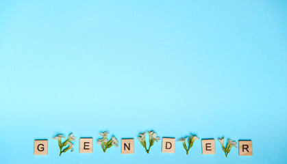 Word gender depicted by using wooden blocks and flowers on colorful blue background