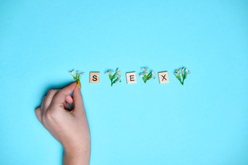 Woman hand pointing on three wooden blocks - letters SEX on them, flowers between them, blue background, space for more text images