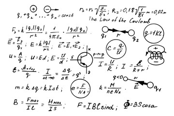Physics, electronic engineering, mathematics equation and calculations, endless hand writing. Vector scientific and technology illustration on whiteboard.