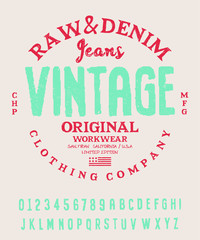 Original vintage Denim print for t-shirt or apparel. Old school vector graphic for fashion and printing.  Retro alphabet in western style , Slab Serif and serif type letters.Handmade Font for labels