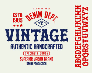 Original vintage Denim print for t-shirt or apparel. Old school vector graphic for fashion and printing.  Retro alphabet in western style , Slab Serif and serif type letters.Handmade Font for labels