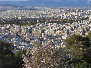 Obraz premium Zoom photo of urban dense populated city of Athens as seen from Lycabettus hill at spring, Attica, Greece