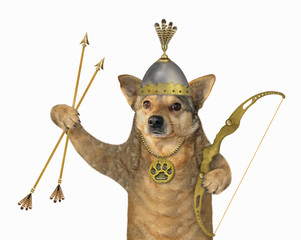 The dog warrior archer in a helmet with feathers holds a bow and arrows. White background. Isolated.