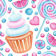 Seamless pattern with Watercolor cupcakes and lollipop. Bright Sweets for Birthday postcard, Greeting card. Background  for holiday and party. Textile print. Artistic design with food  for cafe. 