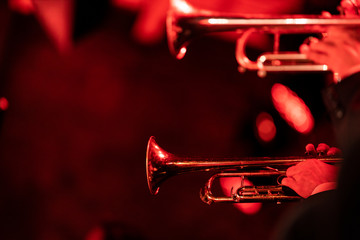 Two trumpet players playing their instrument in the trumpet section of a big band during a concert...