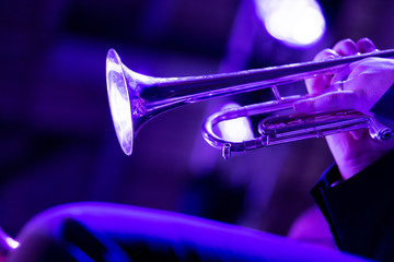 Obraz na płótnie Canvas A big band member of the trumpet section is playing a solo during a performance on stage in purple lights