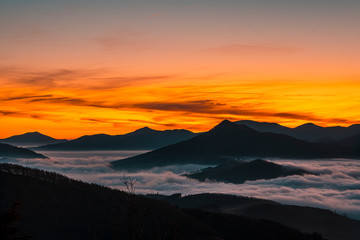 First lights between the mountains of the valley of Lesaka, Navarra. Basque Country