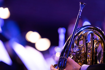 A French horn player holding their instrument during rests of a pops concert with blue and purple stage lights reflecting from the hall onto the brass instrument