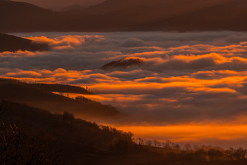 Dawn with a dense orange fog on a winter morning in Agina. Basque Country