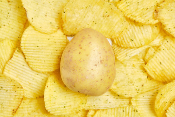 Fluted chips with potatoes on them. Top view. Top view.