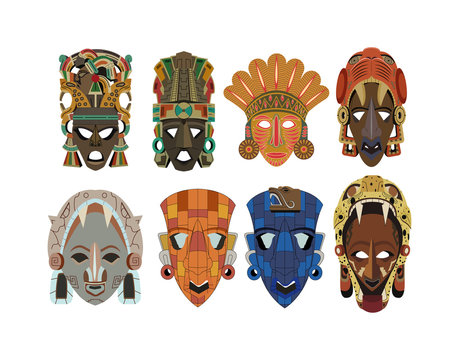 set of eight ornate detailed mayan masks isolated on white background