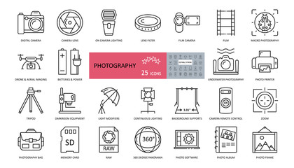 Photo set of 25 icons with editable stroke. Vector illustration of shooting and processing photos. Cameras, lenses, flashes, lighting, drone, aerial photography, album, remote control, bag, tripod. - 326794132